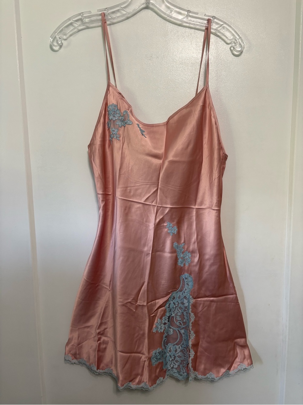 Vintage Victoria’s Secret Satin Full Slip Pink/Blue Lace Adjustable Straps M